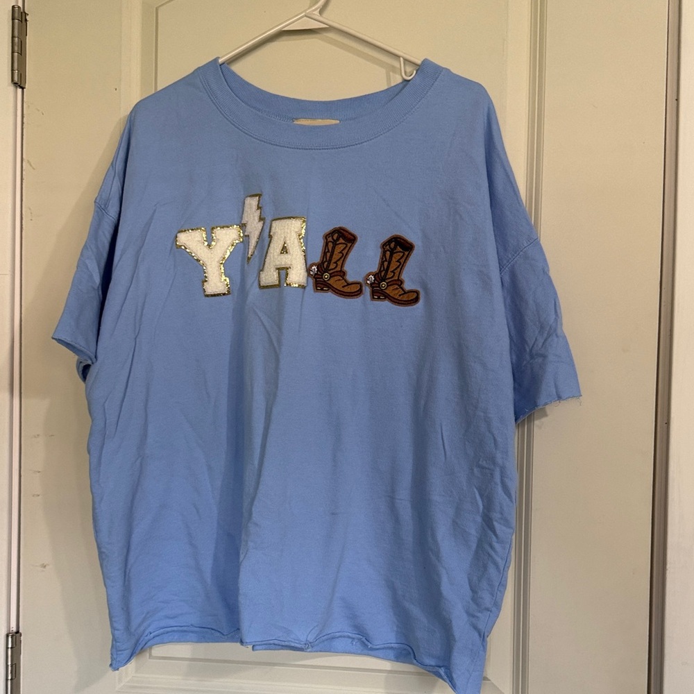 Light Blue Y’all Graphic Tee with Western Boot Patches